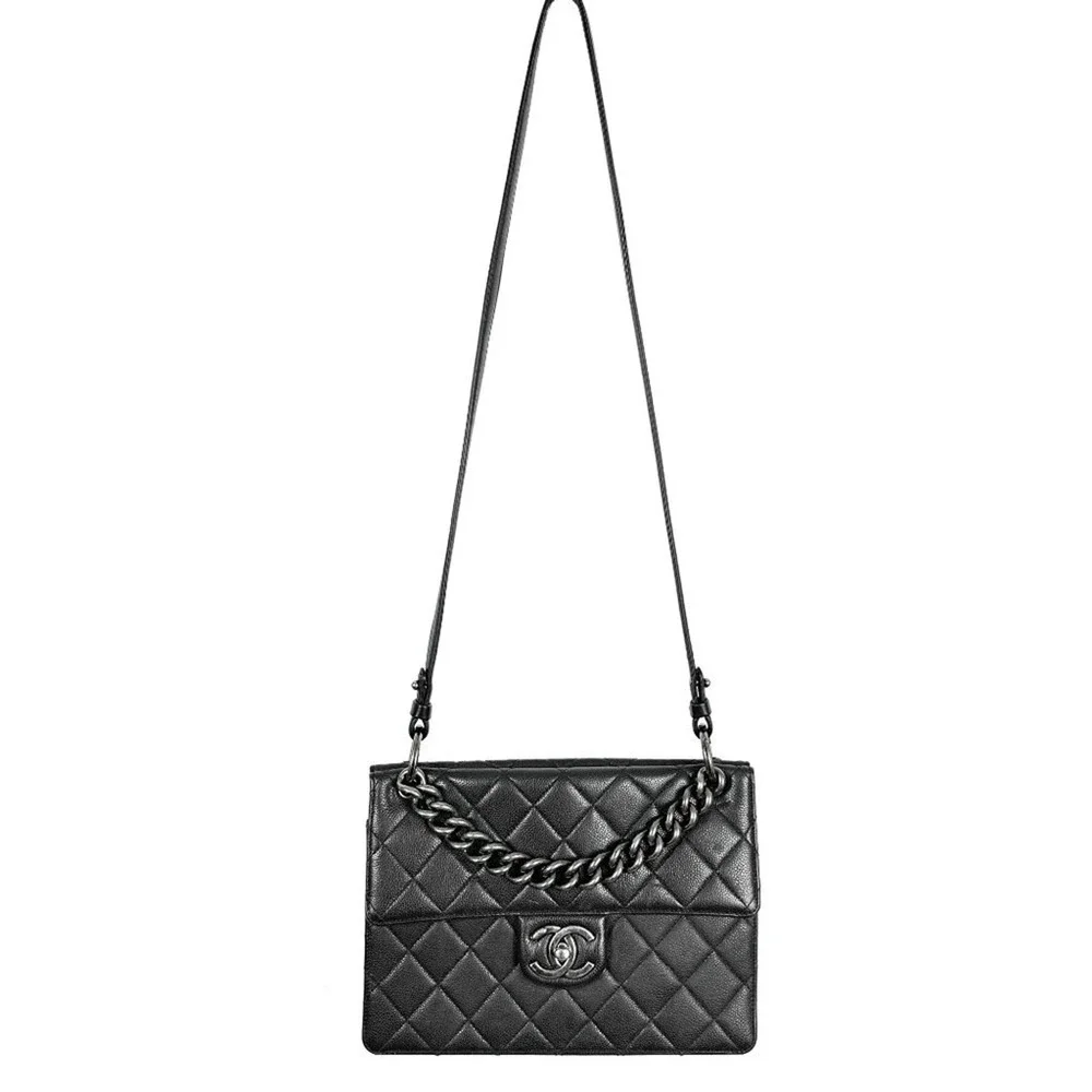 Chanel Black Caviar‎ Leather Quilted Flap Shoulder Bag Silver CC Chain